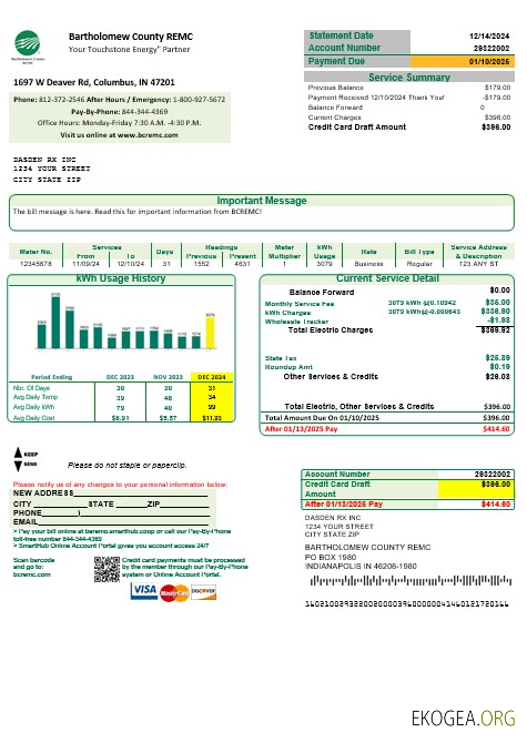 États Unis Indiana Bartholomew County REMC modèle de facture de services publics aux formats Word et PDF